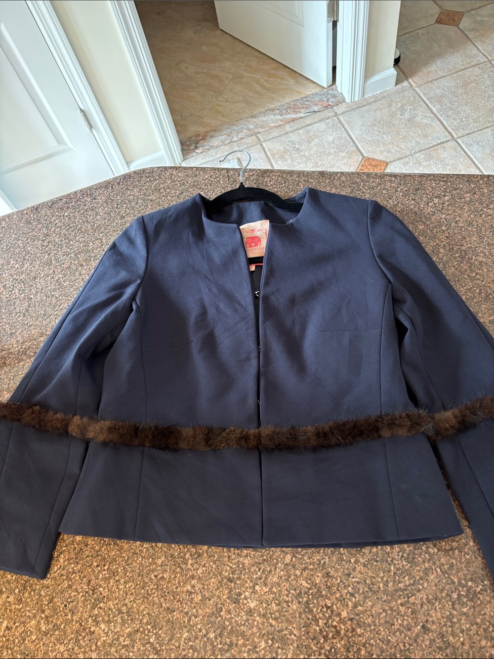 Vilagallo Ladies Navy Blue Brown Fur Trim Open-Front Jacket